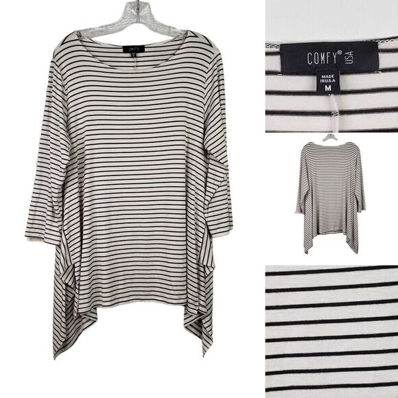 Comfy USA Tunic Womens Medium M Black White Stripe 3/4 Sleeves Leah Modal - Picture 1 of 7